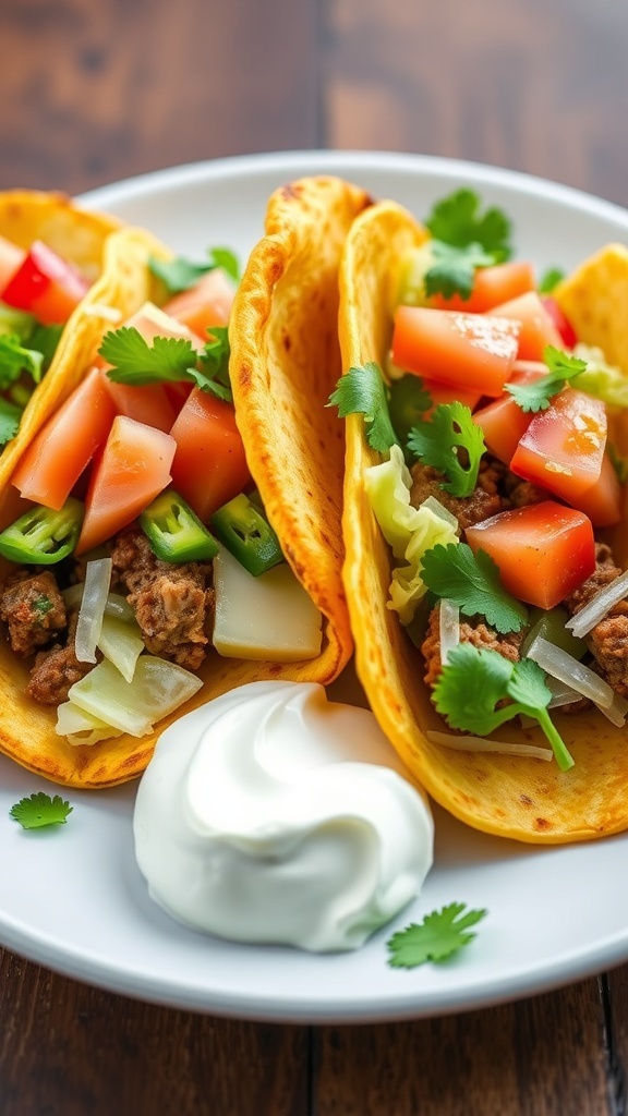 Crispy air fryer tacos filled with meat, lettuce, tomatoes, and cheese, served with sour cream.